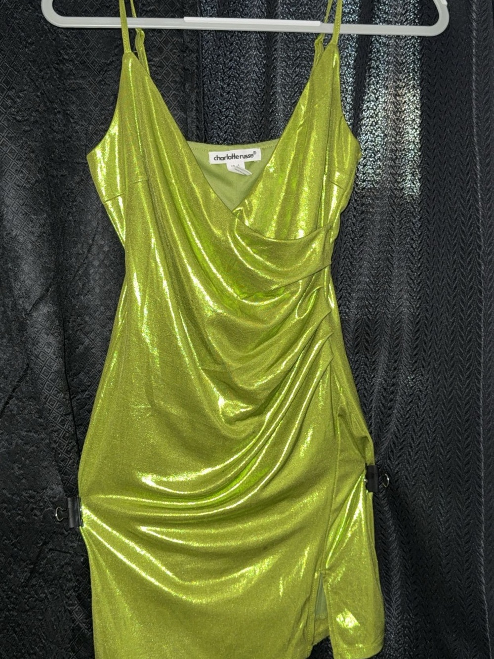 Charlotte Russe Lime Green Shimmer Cowl Neck Mini Dress